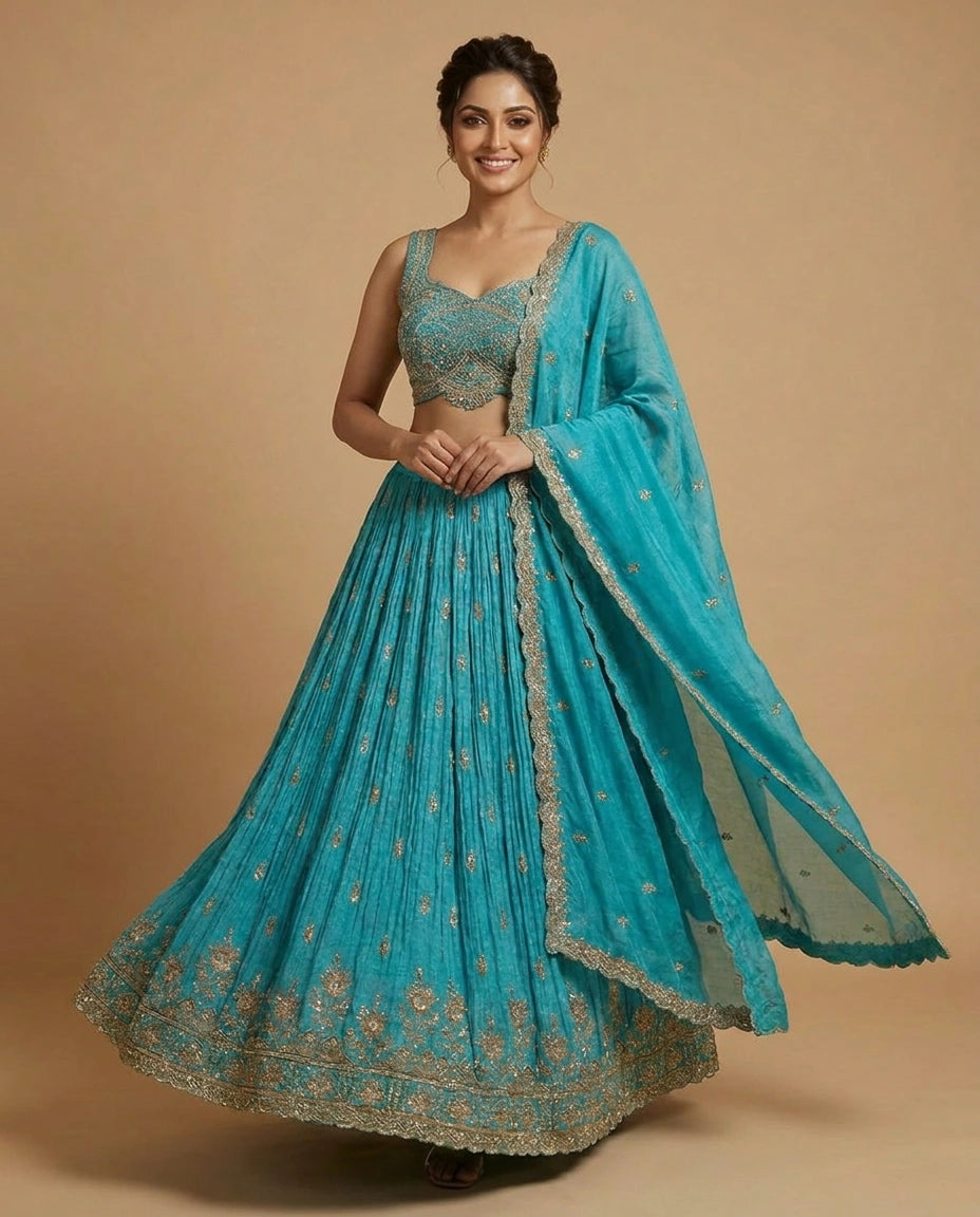 Tissue Croptop Lehenga with Printed Detail - Rangoli India