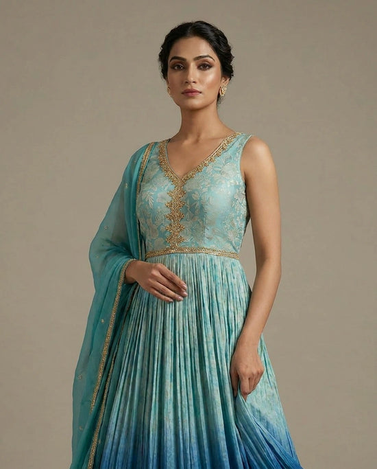 Blue Dola Silk Anarkali Gown with Floor-Length Flare view 2