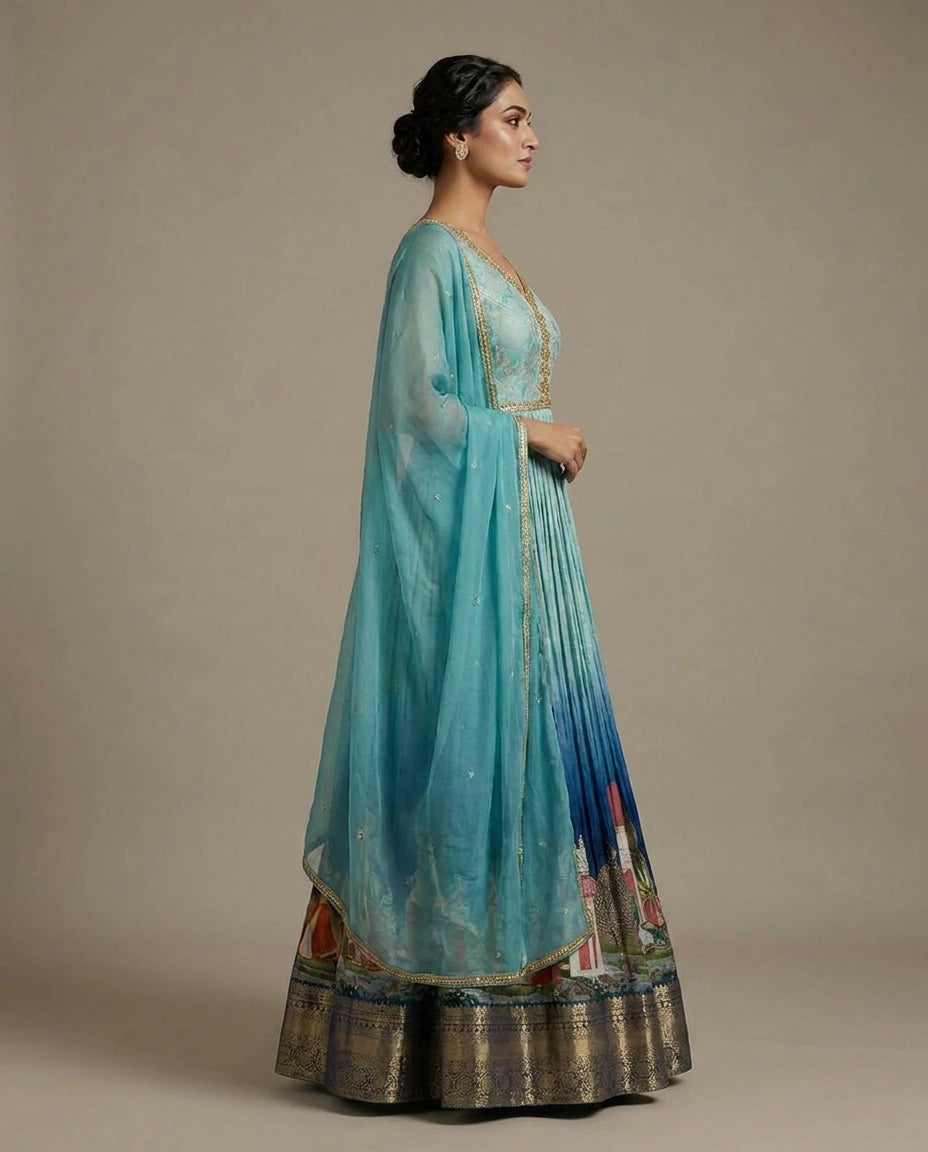 Blue Dola Silk Anarkali Gown with Floor-Length Flare view 3