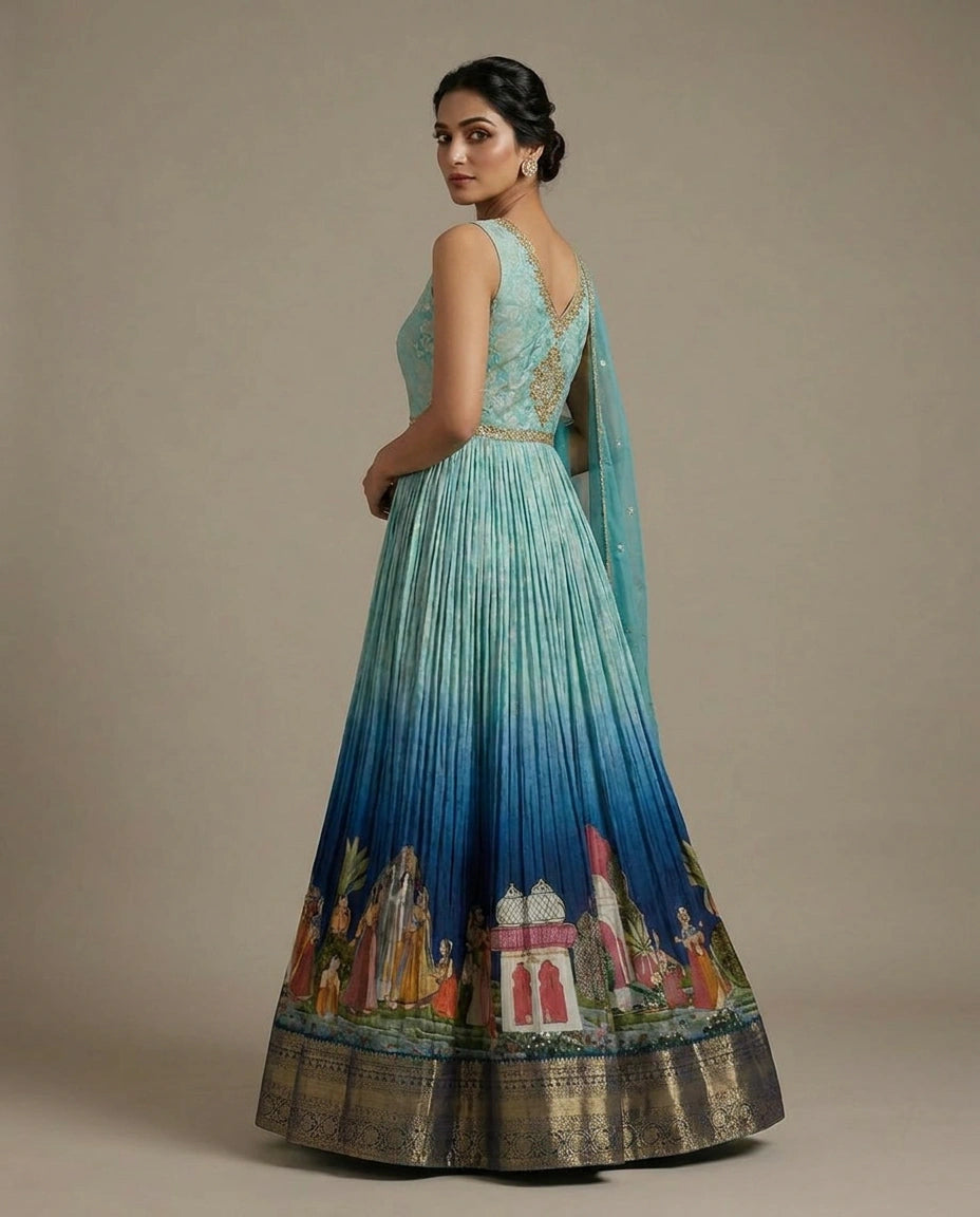 Blue Dola Silk Anarkali Gown with Floor-Length Flare view 4