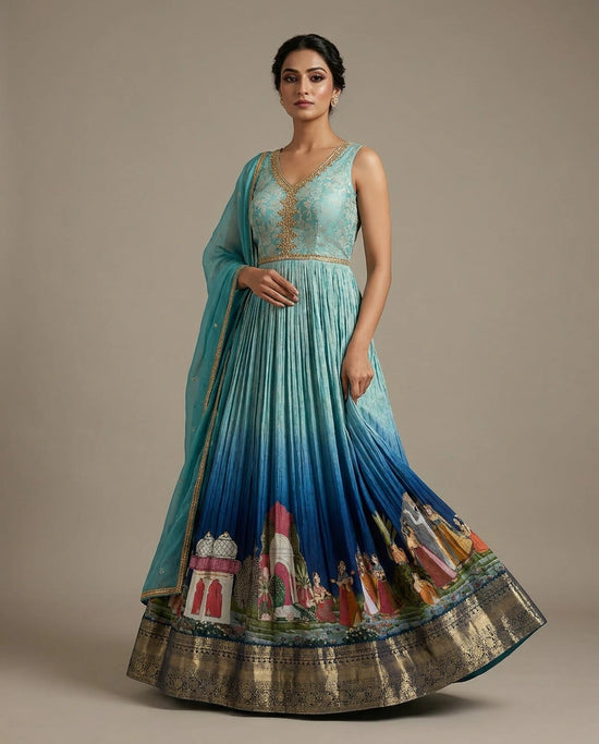 Blue Dola Silk Anarkali Gown with Floor-Length Flare - Rangoli India