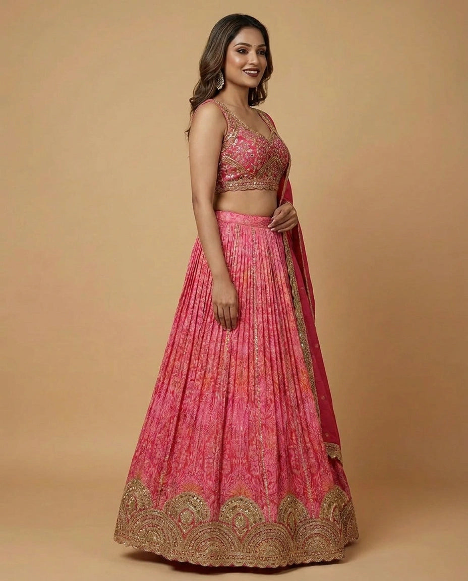 Fuchsia Pink Silk Katan Croptop Lehenga with Sequin Work - Rangoli India