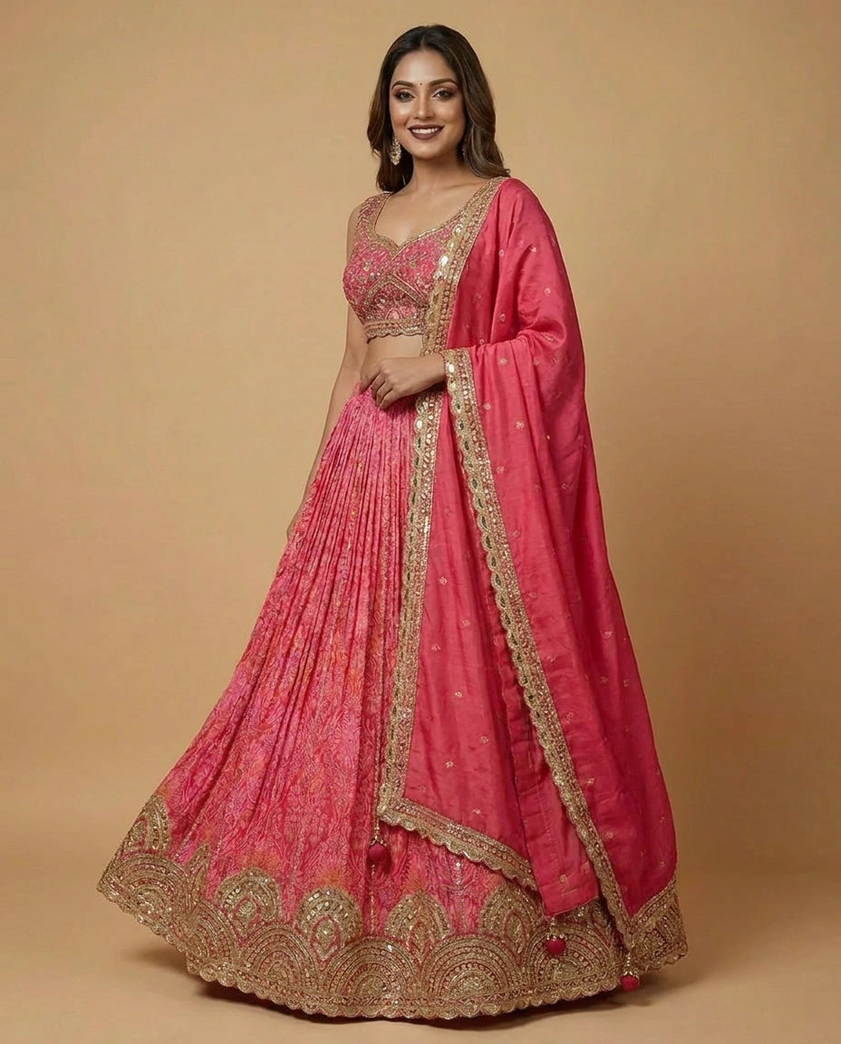 Fuchsia Pink Silk Katan Croptop Lehenga with Sequin Work - Rangoli India