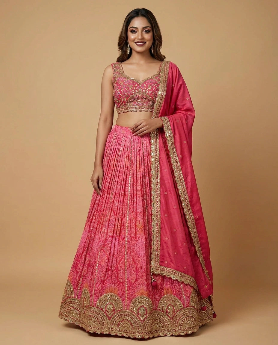 Fuchsia Pink Silk Katan Croptop Lehenga with Sequin Work - Rangoli India