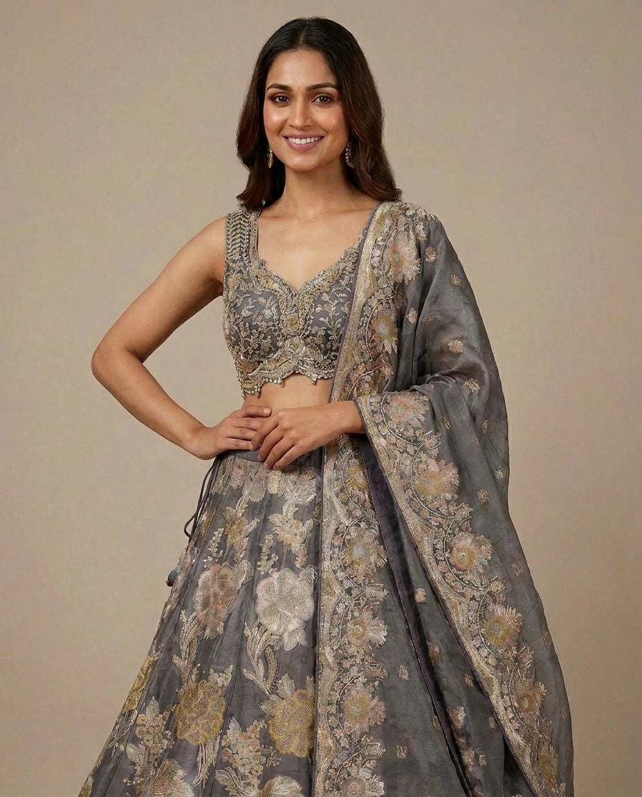 Tissue Croptop Lehenga with Ornate Border - Rangoli India