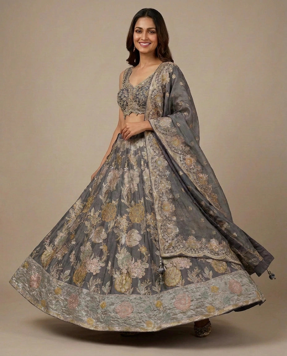 Tissue Croptop Lehenga with Ornate Border - Rangoli India