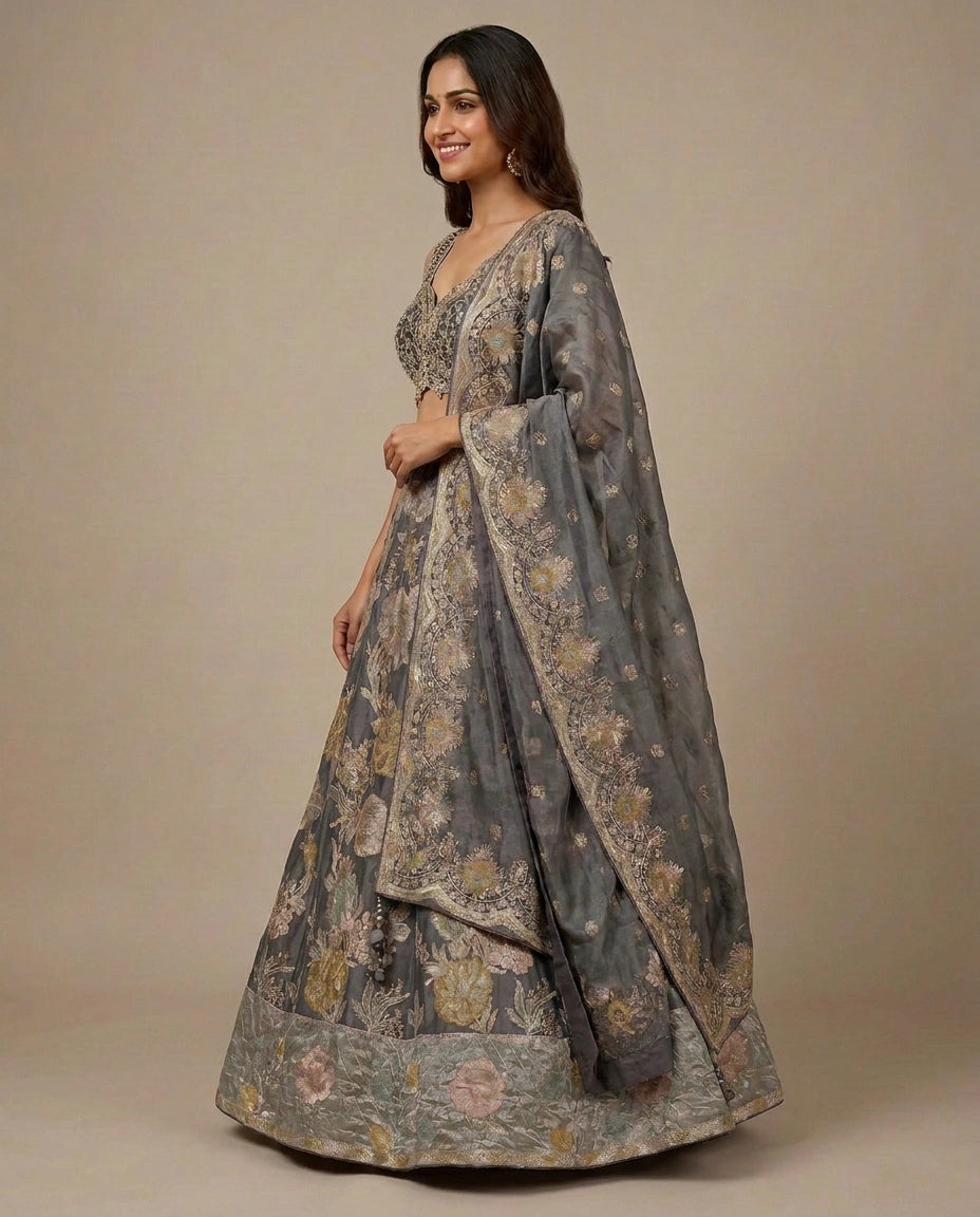 Tissue Croptop Lehenga with Ornate Border - Rangoli India