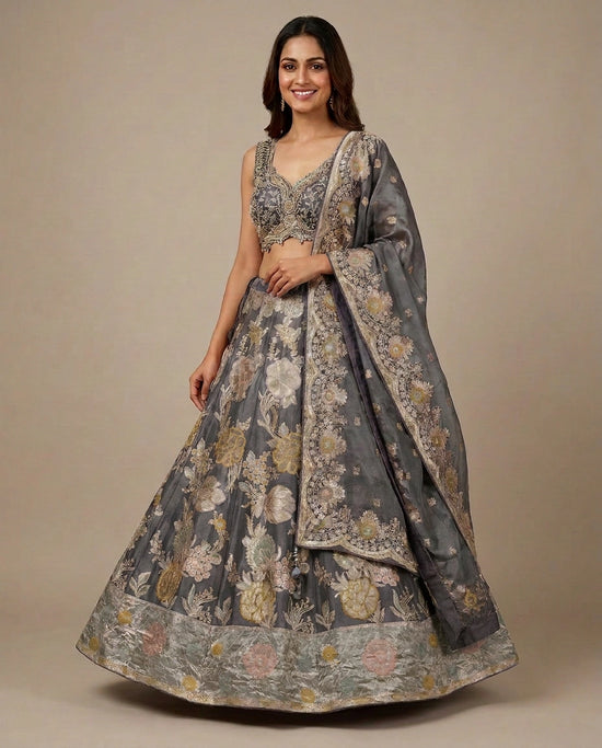 Tissue Croptop Lehenga with Ornate Border - Rangoli India