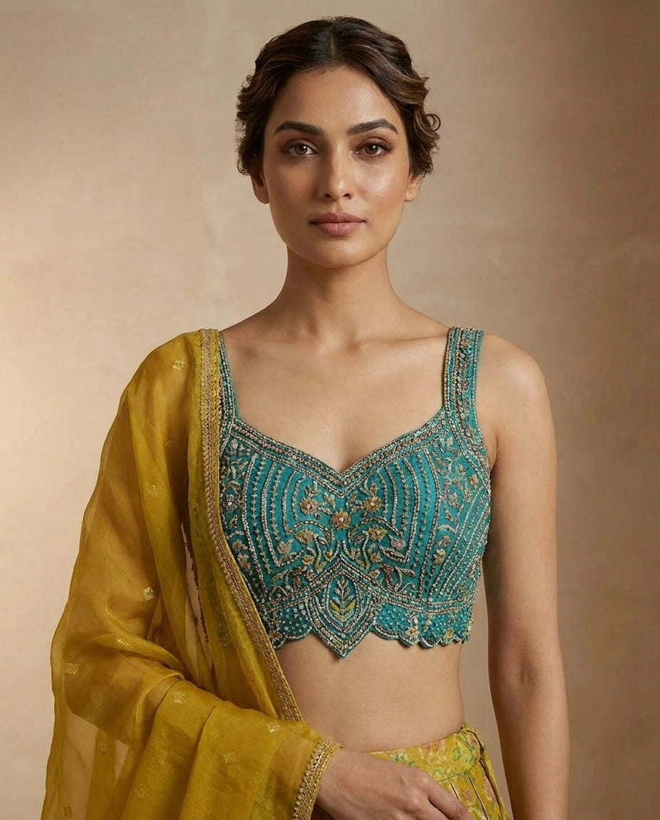 Green/Firozi Silk Katan Croptop Lehenga with Embroidered Croptop - Rangoli India