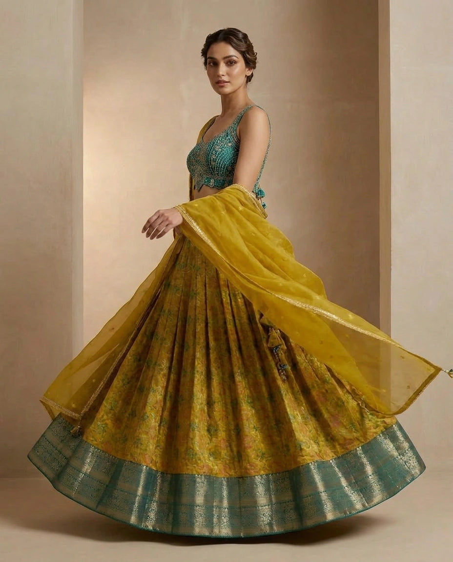 Green/Firozi Silk Katan Croptop Lehenga with Embroidered Croptop view 3