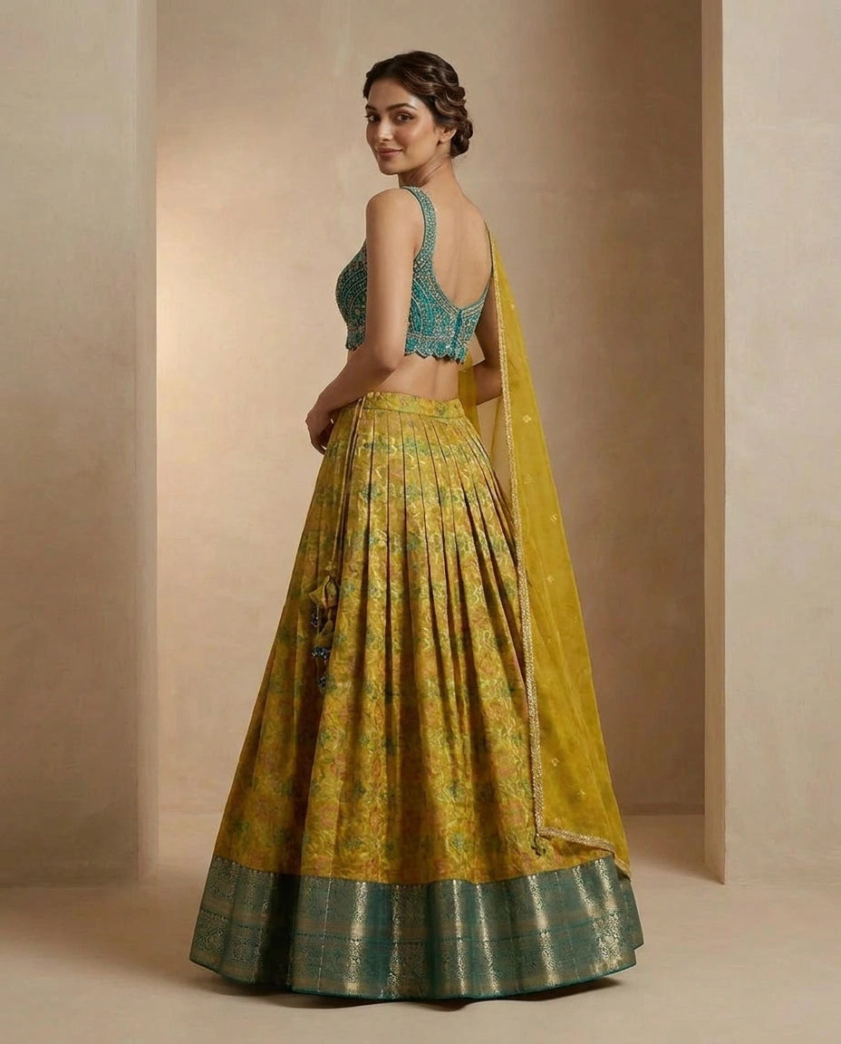 Green/Firozi Silk Katan Croptop Lehenga with Embroidered Croptop view 4