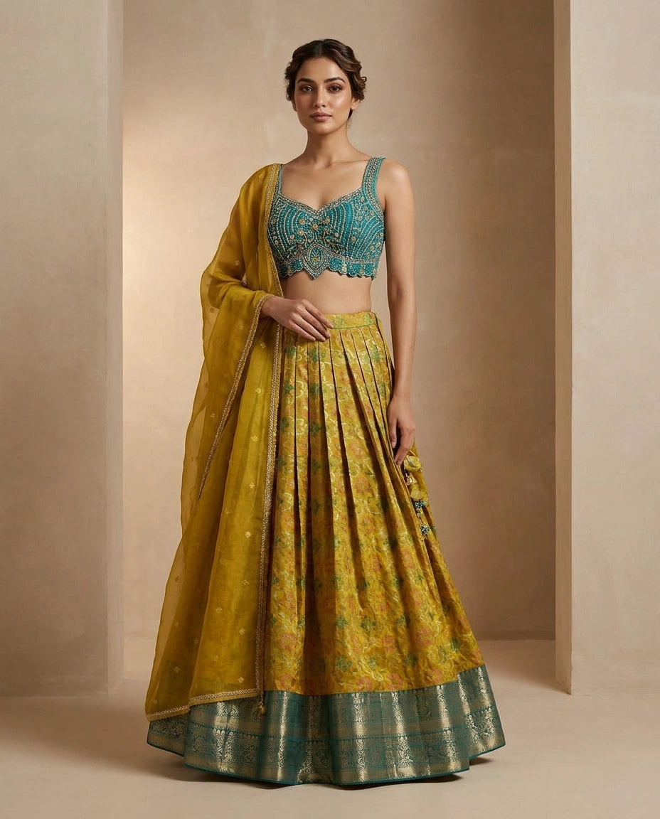 Green/Firozi Silk Katan Croptop Lehenga with Embroidered Croptop view 2