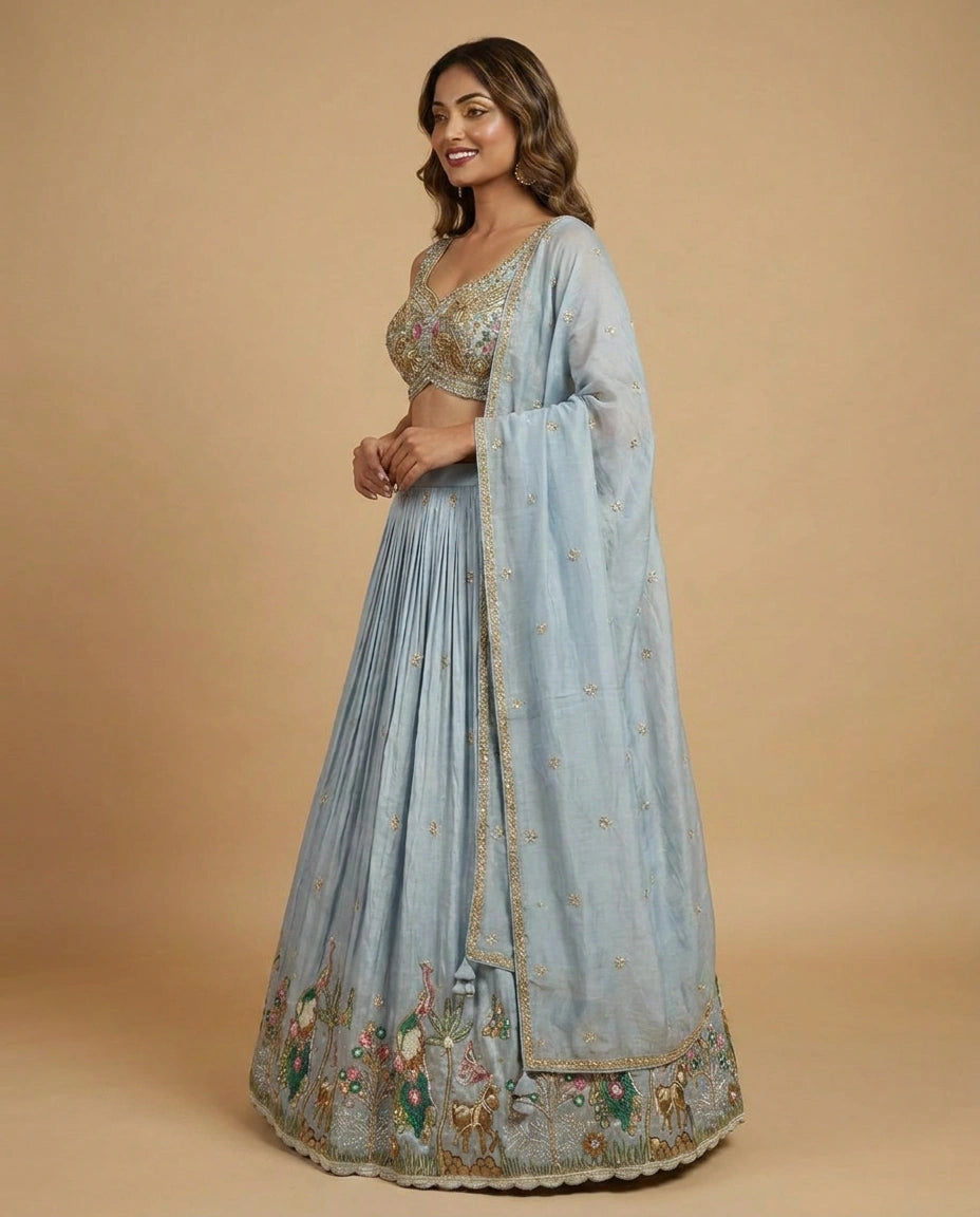 Tissue Croptop Lehenga with Floral Embroidery and Cape - Rangoli India