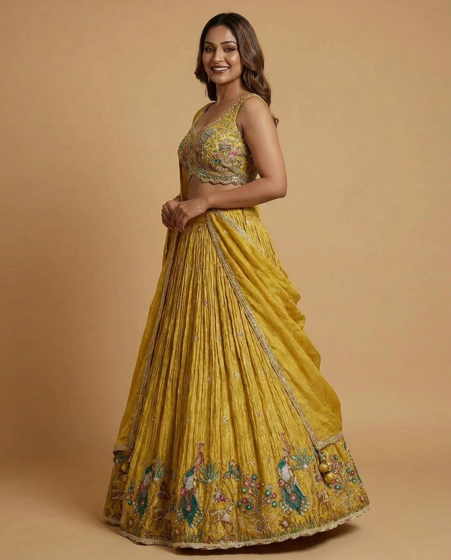 Tissue Croptop Lehenga with Floral Embroidery and Cape