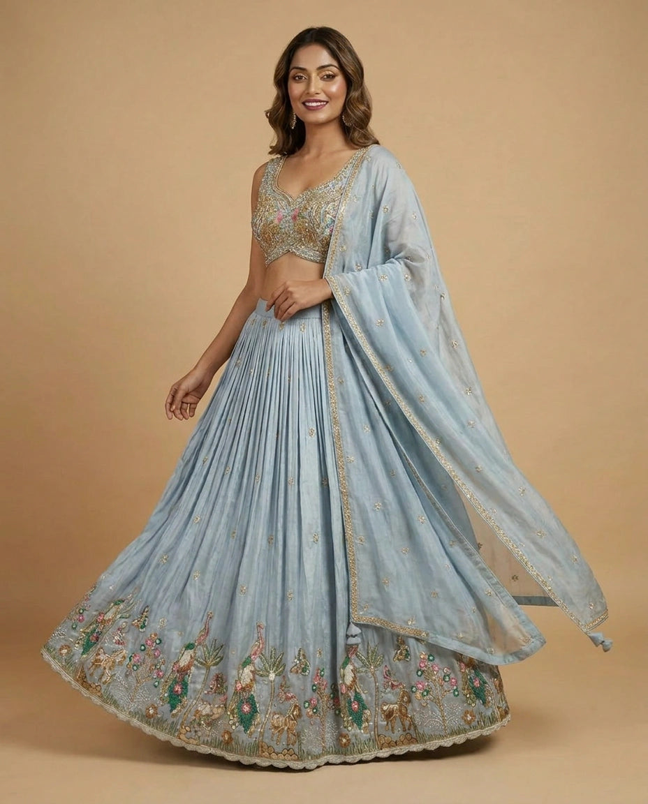 Tissue Croptop Lehenga with Floral Embroidery and Cape - Rangoli India