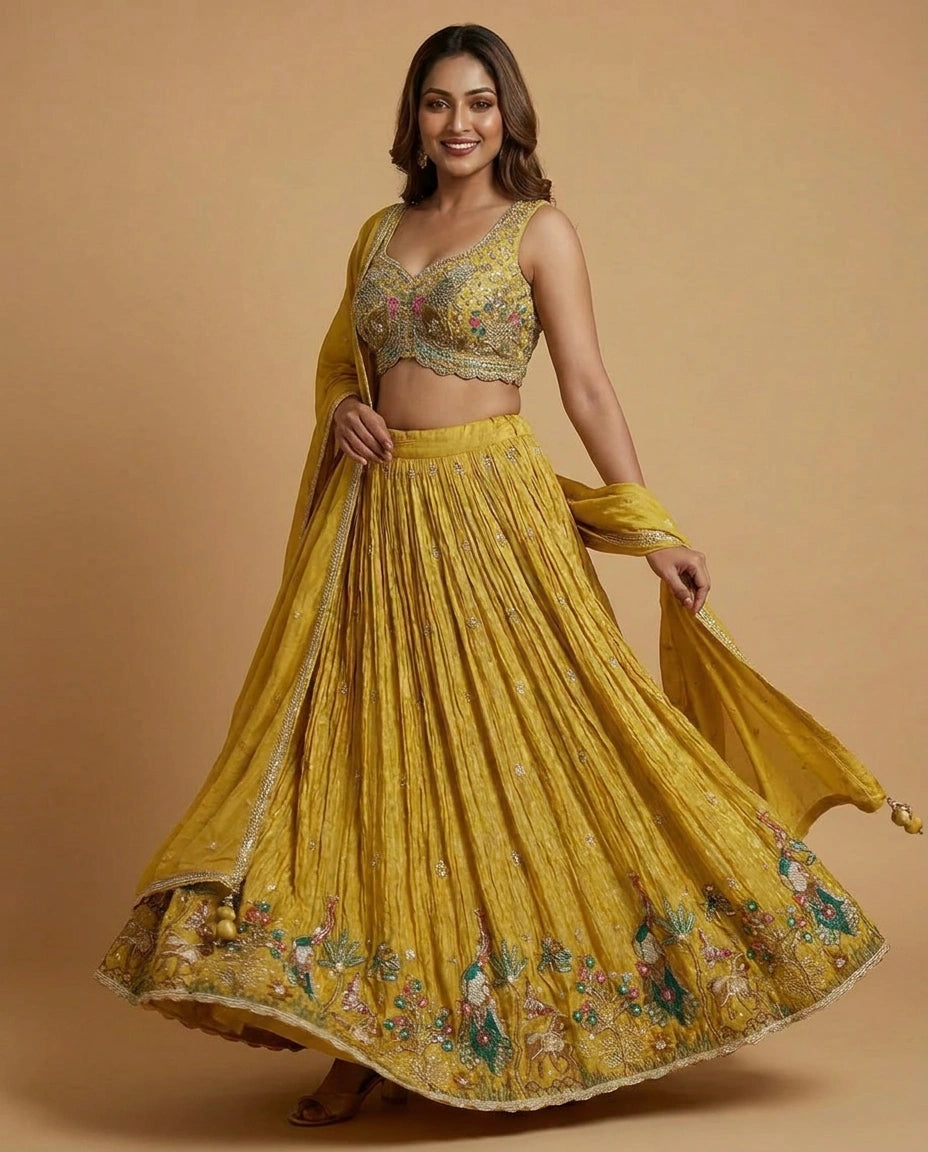 Tissue Croptop Lehenga with Floral Embroidery and Cape