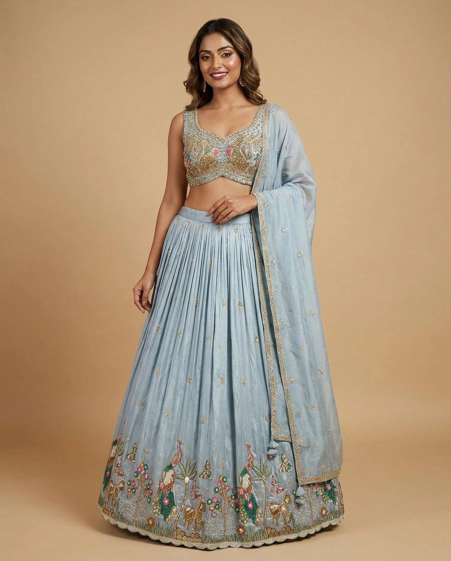 Tissue Croptop Lehenga with Floral Embroidery and Cape - Rangoli India