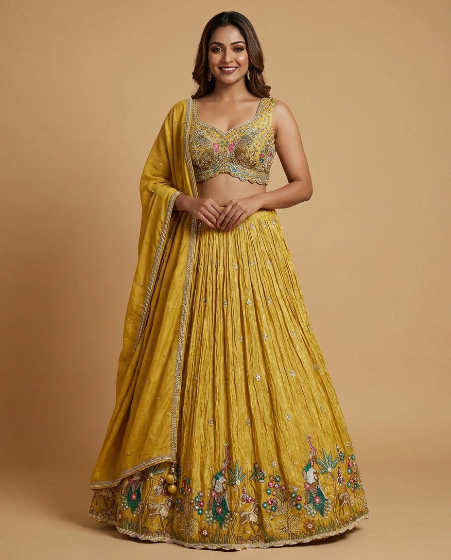 Tissue Croptop Lehenga with Floral Embroidery and Cape