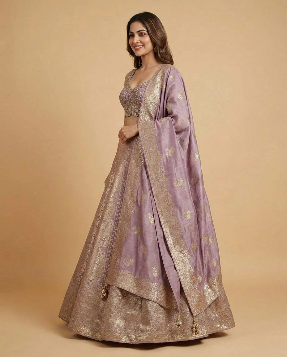 Tissue Croptop Lehenga with Embellished Floral Work - Rangoli India