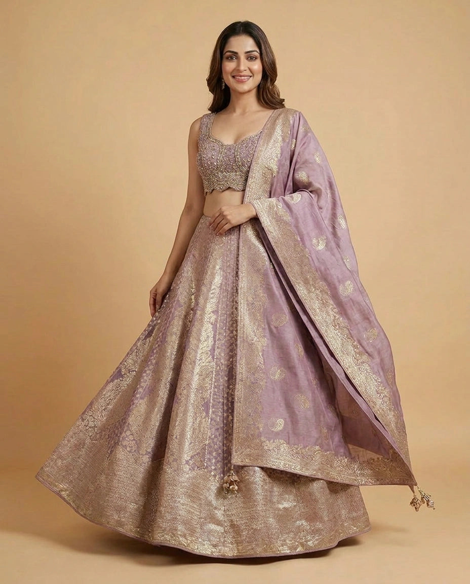 Tissue Croptop Lehenga with Embellished Floral Work - Rangoli India