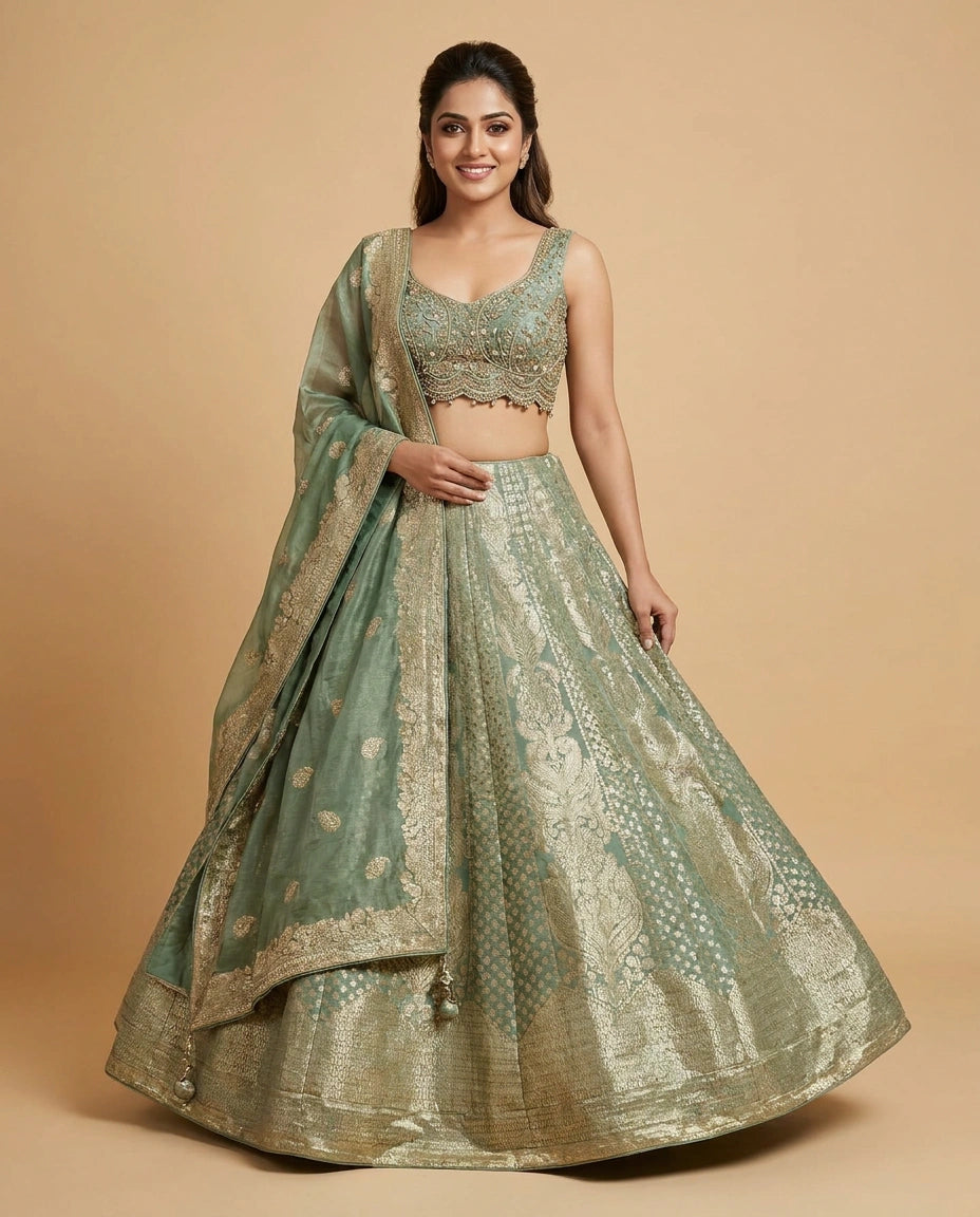 Tissue Croptop Lehenga with Embellished Floral Work - Rangoli India