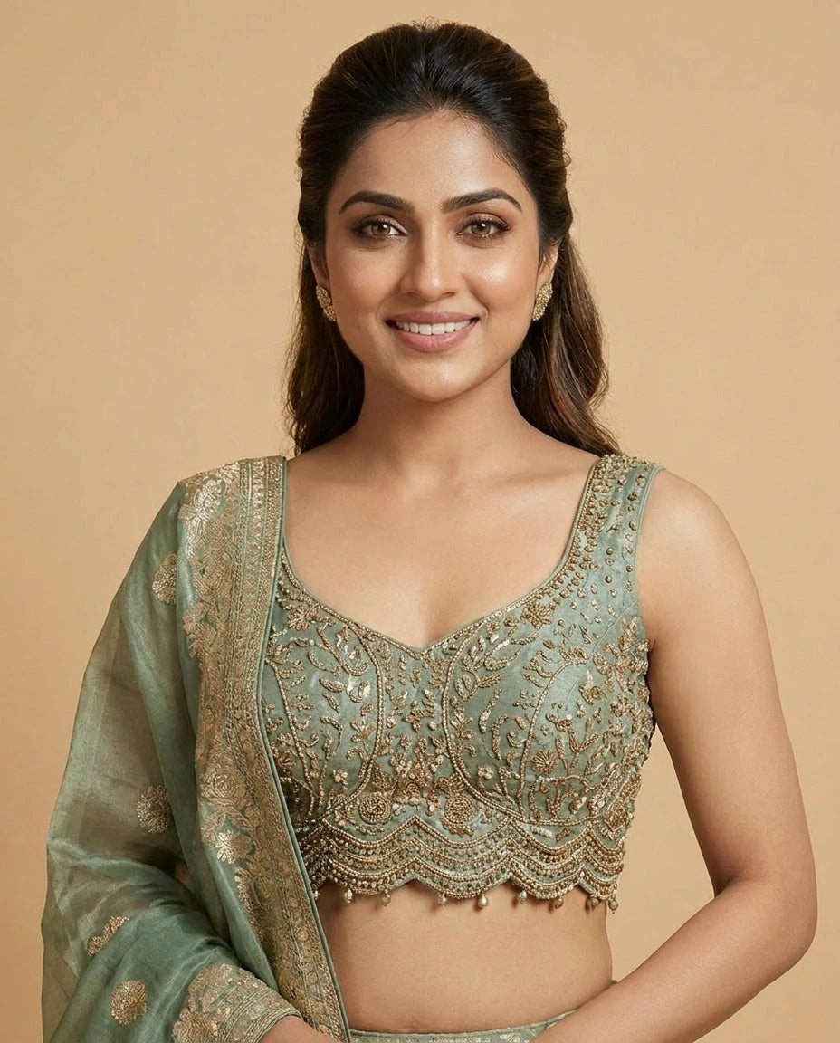 Tissue Croptop Lehenga with Embellished Floral Work - Rangoli India