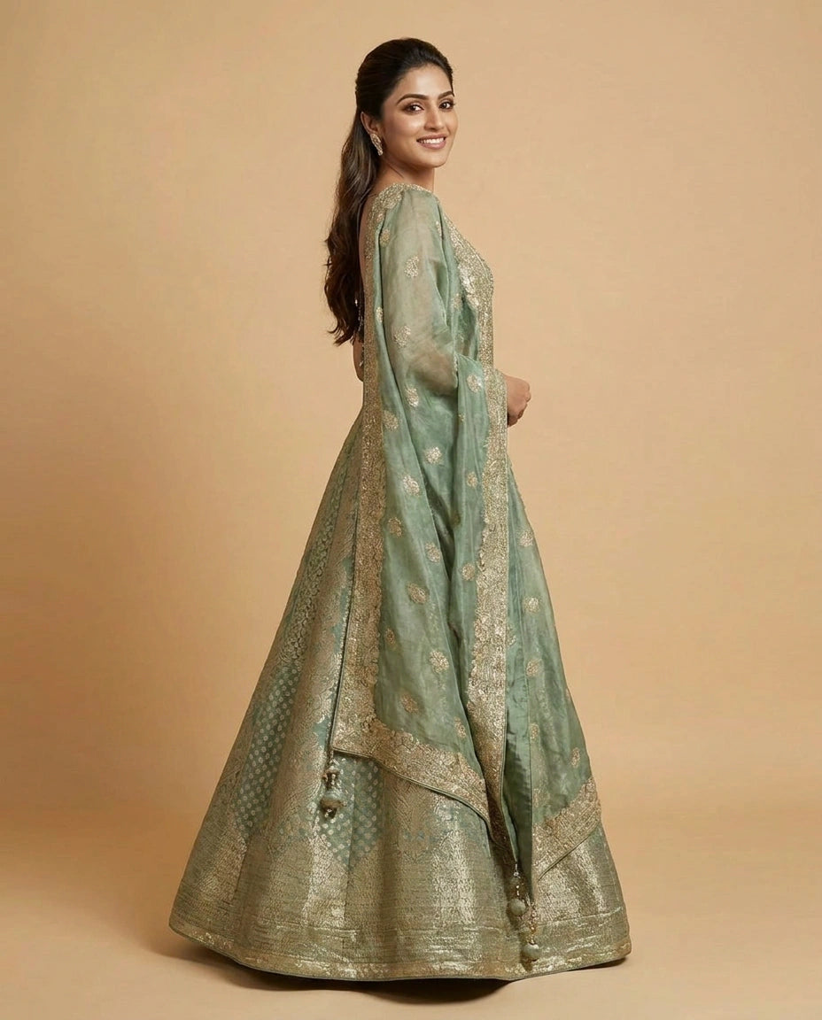 Tissue Croptop Lehenga with Embellished Floral Work - Rangoli India