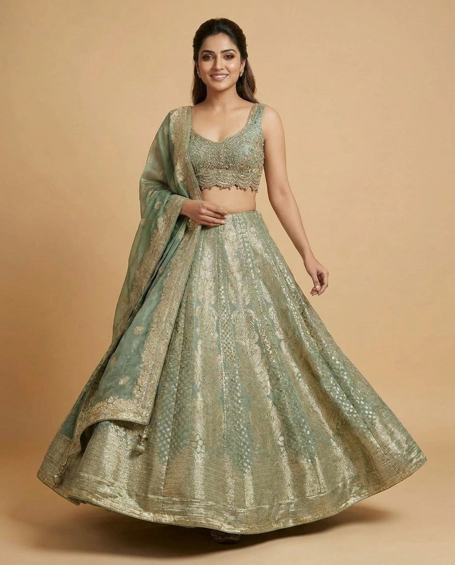 Tissue Croptop Lehenga with Embellished Floral Work - Rangoli India