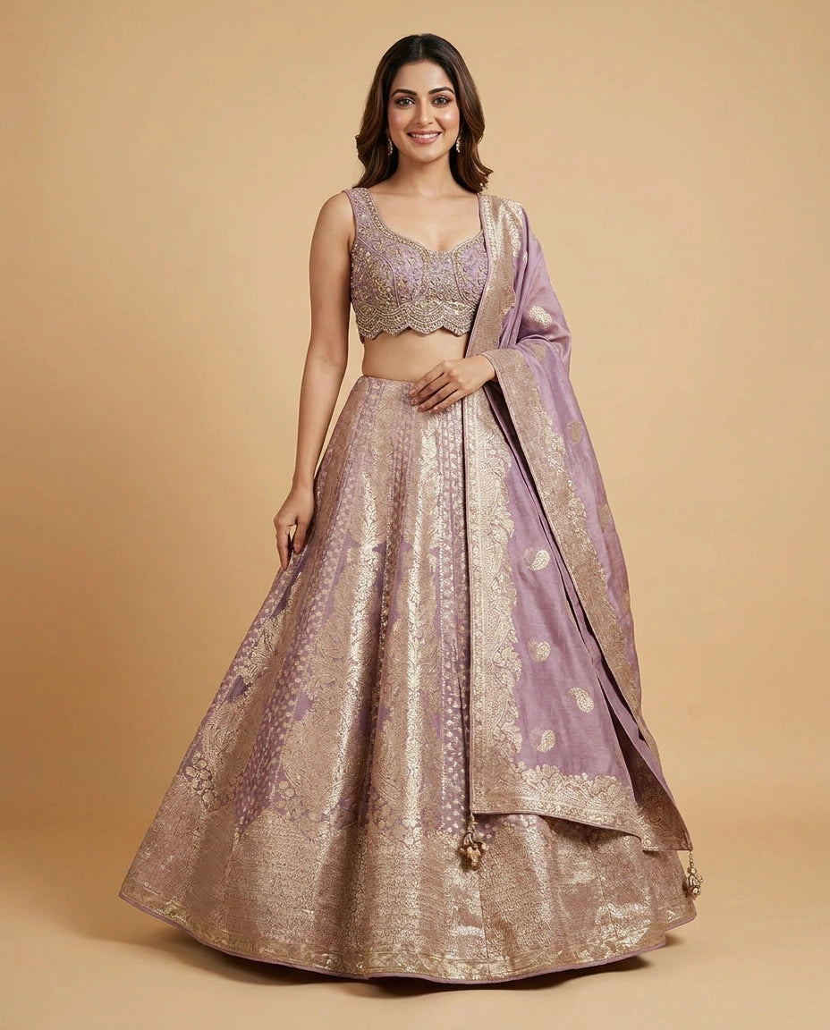 Tissue Croptop Lehenga with Embellished Floral Work - Rangoli India