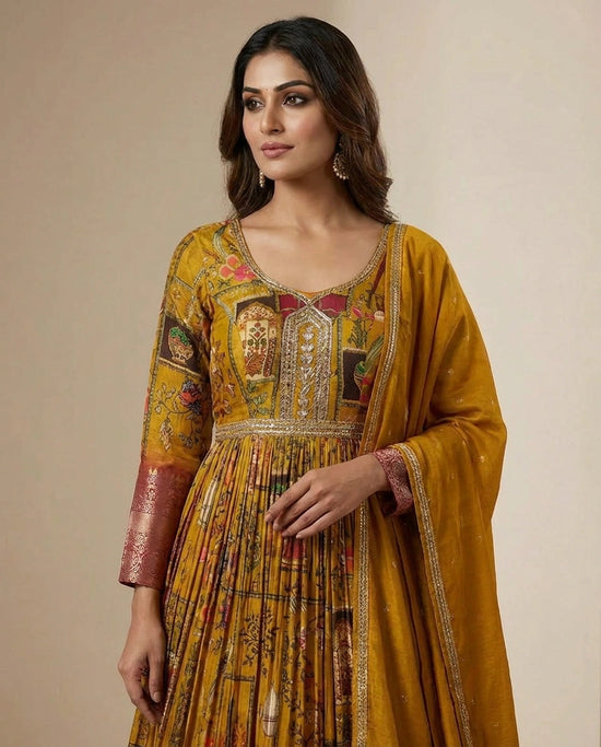 Mustard Chinon Anarkali Gown with Floor-Length Flare - Rangoli India