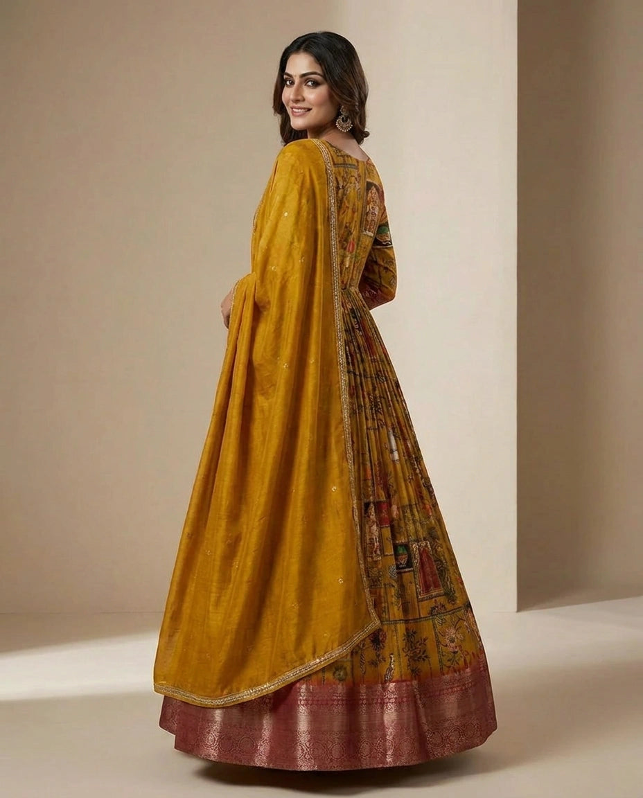 Mustard Chinon Anarkali Gown with Floor-Length Flare view 3