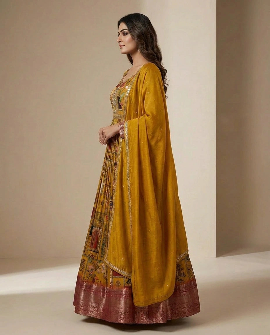 Mustard Chinon Anarkali Gown with Floor-Length Flare view 4