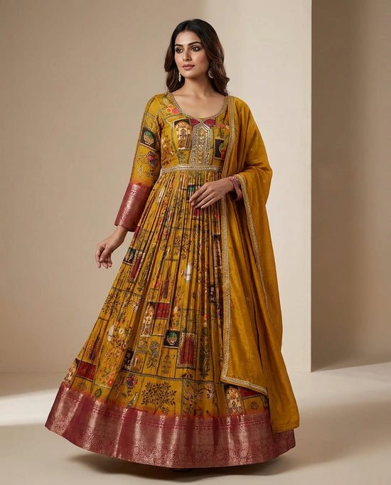Mustard Chinon Anarkali Gown with Floor-Length Flare view 2