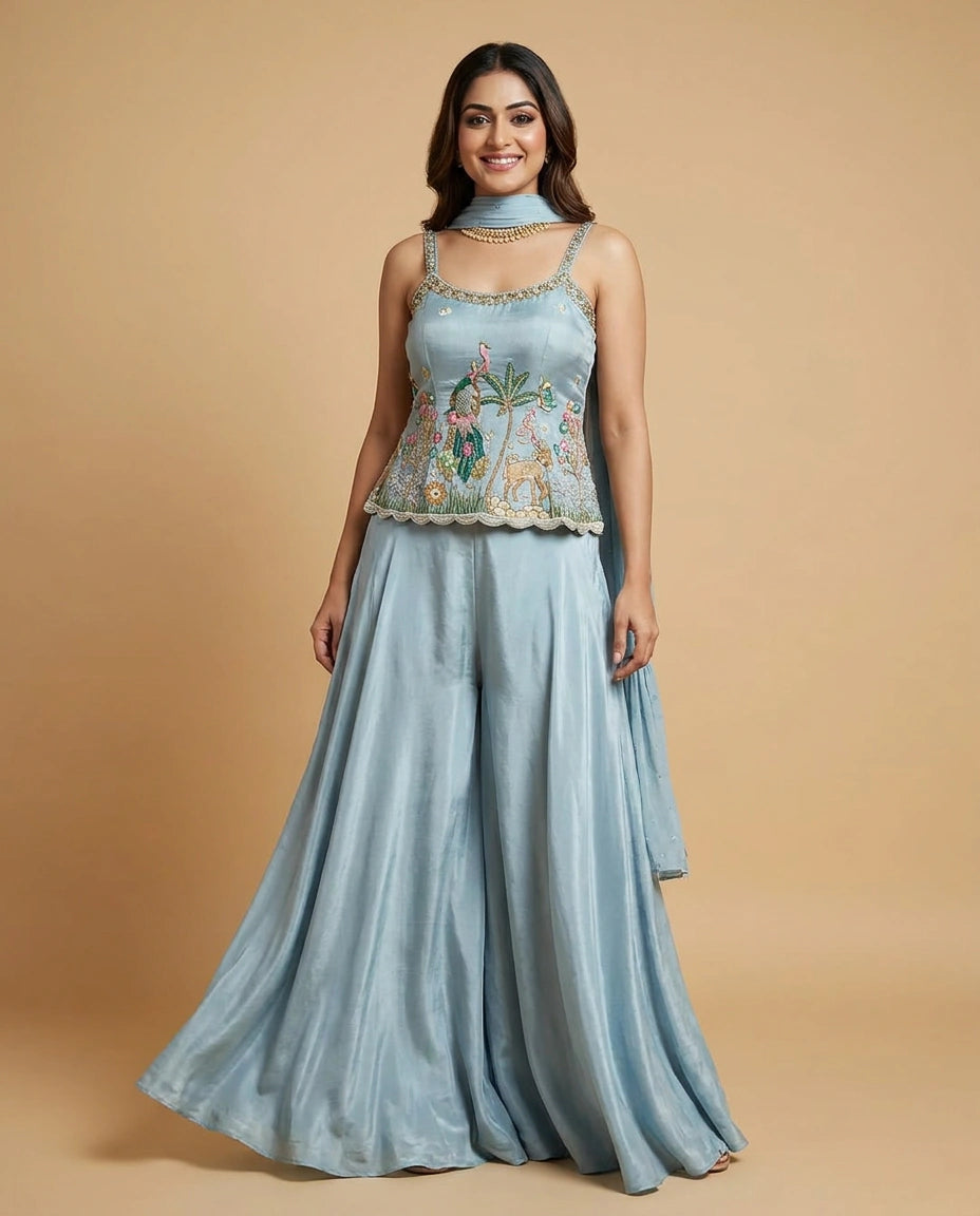 Woman wearing a light blue embroidered top and palazzo pants on a beige background