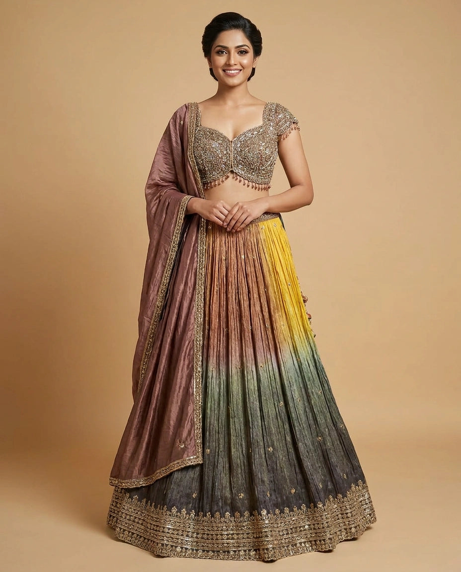 Woman wearing a traditional outfit with a gradient design on a beige background