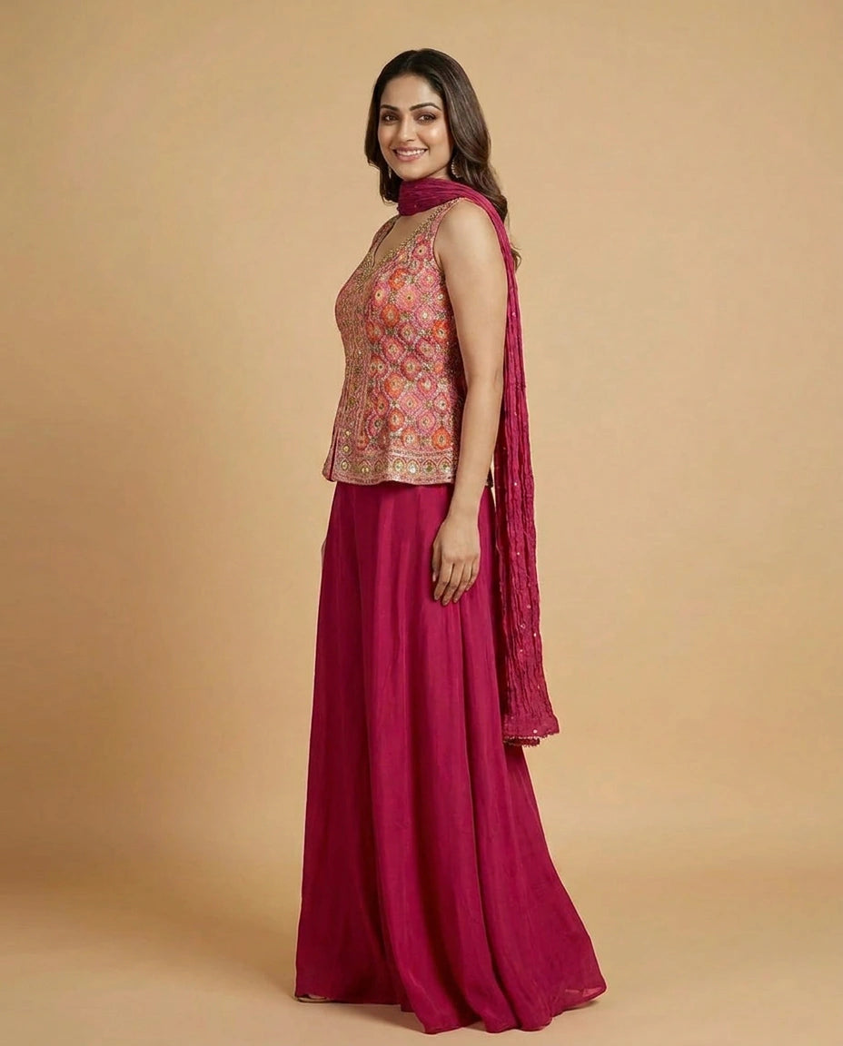 Fuchsia Pink Silk Katan Long Choli Palazzo Set - Rangoli India