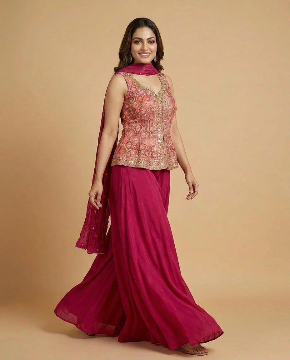 Fuchsia Pink Silk Katan Long Choli Palazzo Set - Rangoli India