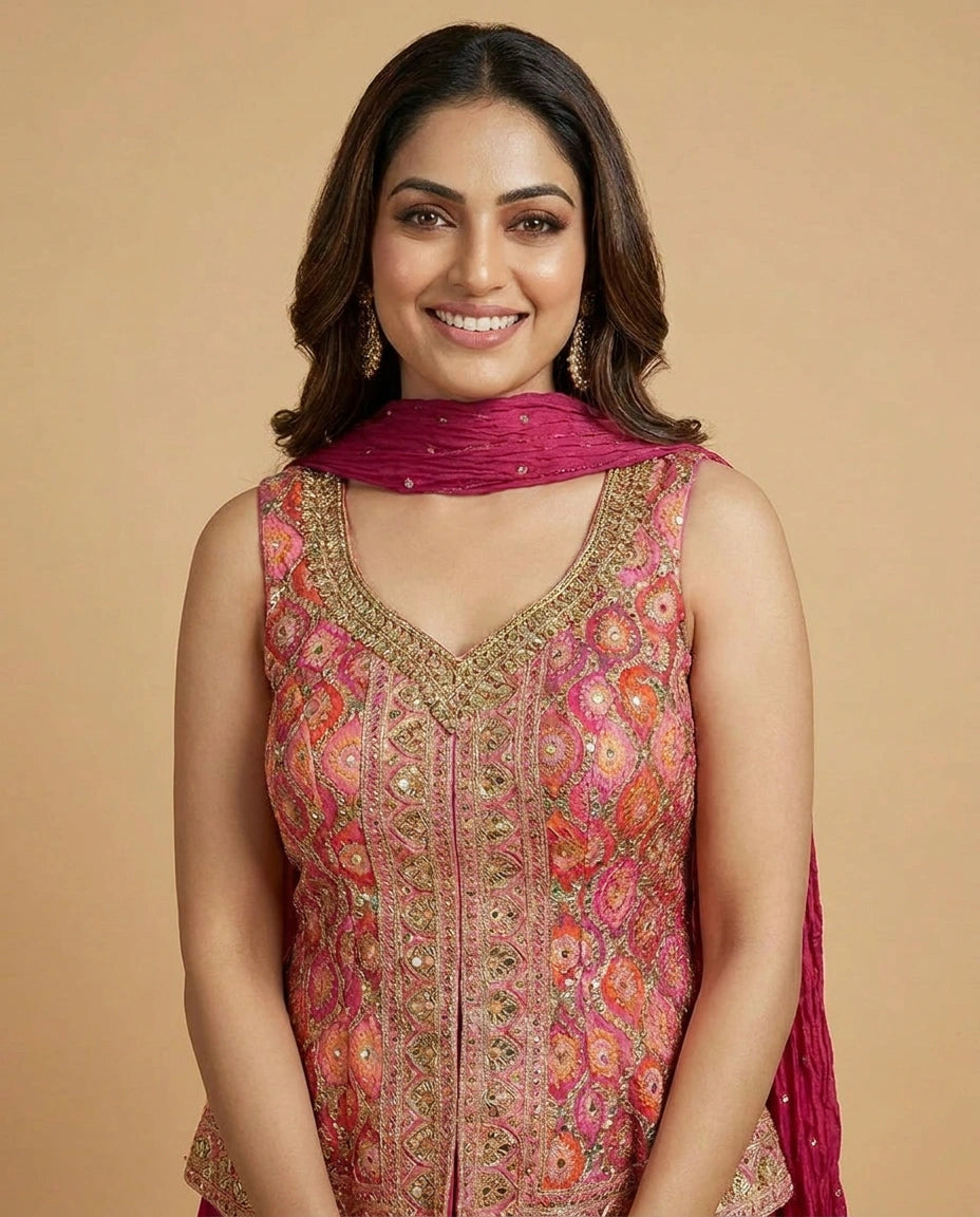 Fuchsia Pink Silk Katan Long Choli Palazzo Set - Rangoli India