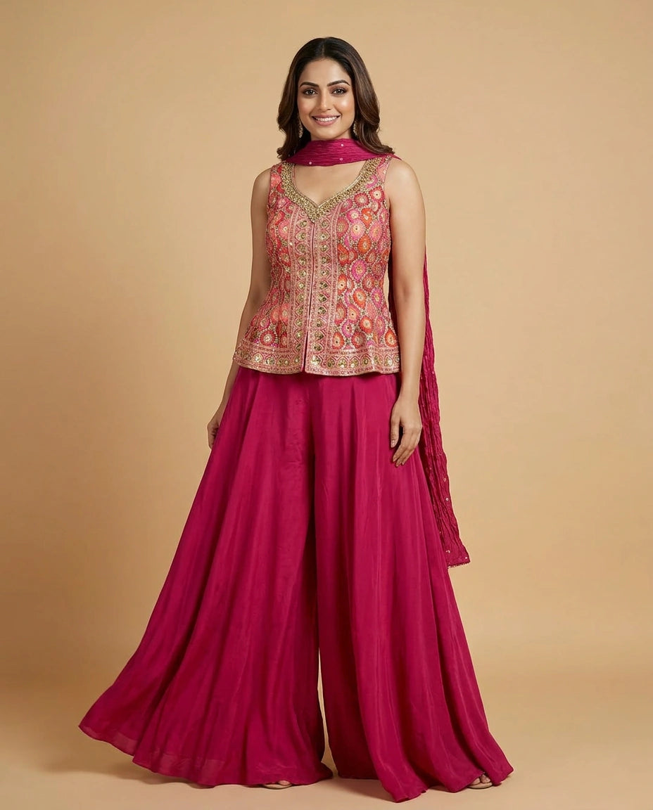 Fuchsia Pink Silk Katan Long Choli Palazzo Set - Rangoli India