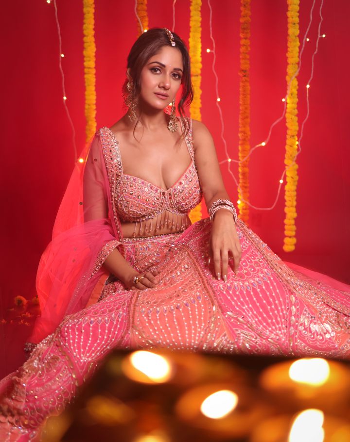 Designer Sequins Pink/Peach Embroidered Lehenga Set