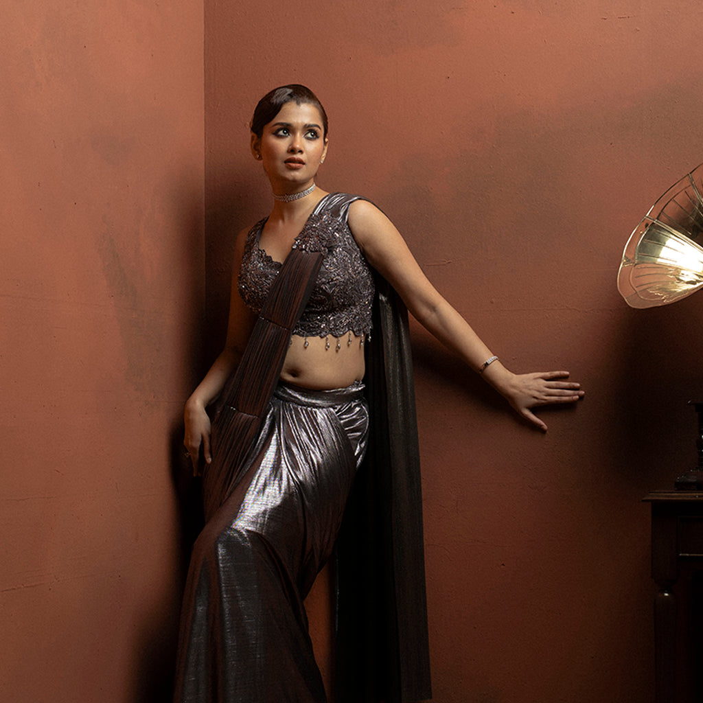 Metallic Pleated Pre-Draped Saree with Lace Sequin Blouse - silk Indian ethnic wear by Rangoli
