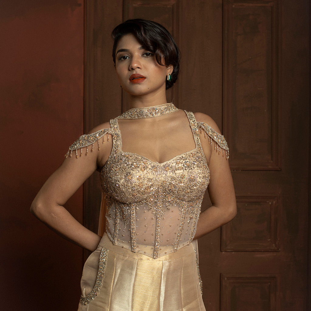 Helen Gold Tissue Plazzo Suit Set - tissue Indian ethnic wear by Rangoli