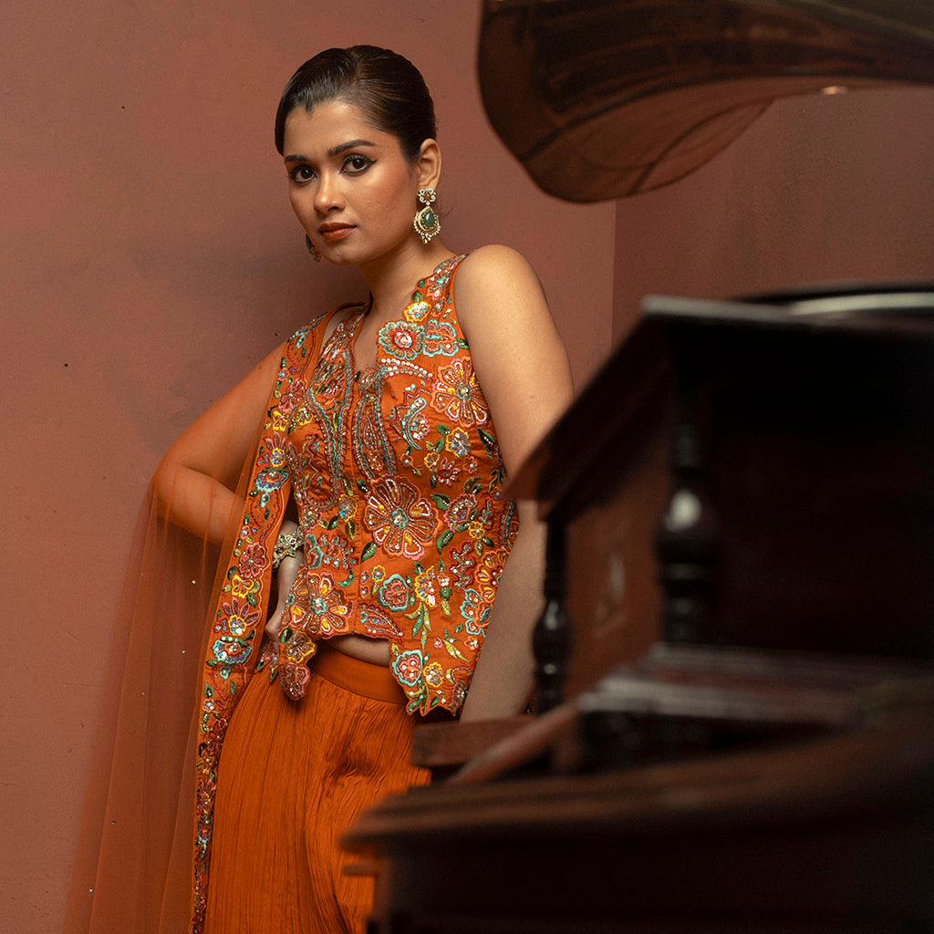 Helen Orange Floral Work Palazzo Suit - georgette Indian ethnic wear by Rangoli