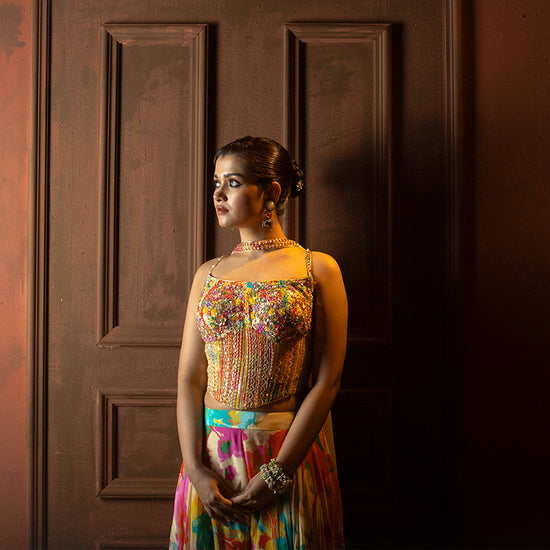 Helen Multi Color Floral Printed Palazzo with Corset Blouse - crepe Indian ethnic wear by Rangoli