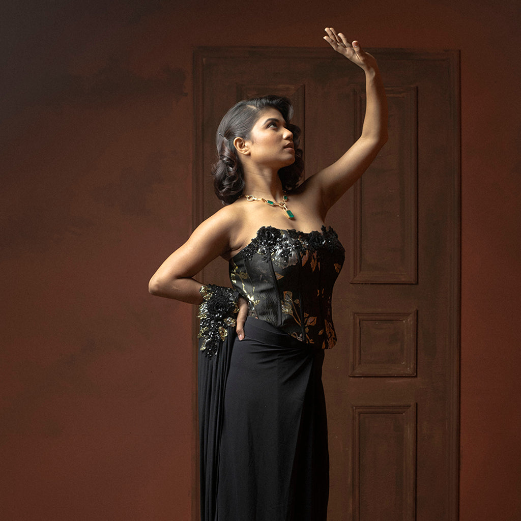 Helen Black Corset Fit Saree - lycra Indian ethnic wear by Rangoli
