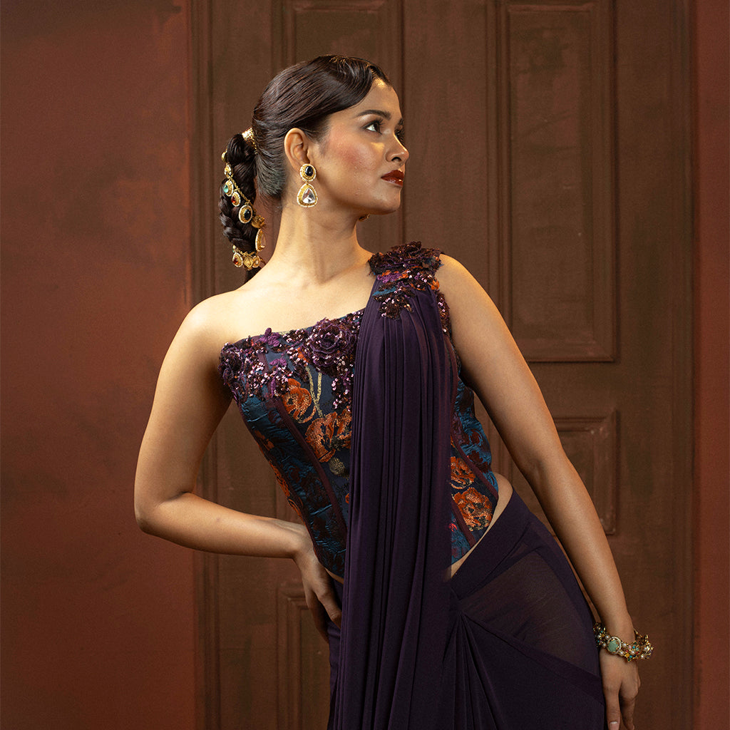 Helen Purple Chanderi & Silk Corset Fit Saree - silk Indian ethnic wear by Rangoli