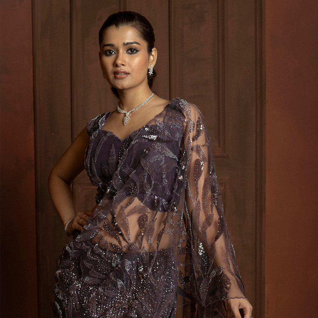 Plum Sheer Organza Lehenga with 3D Floral Appliqué & Sequin Work