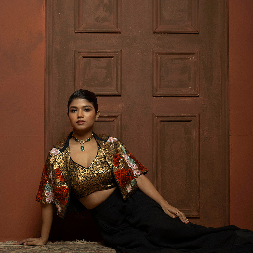 Black Palazzo Pant Set with Gold Sequin Blouse & Floral Embroidered Cape