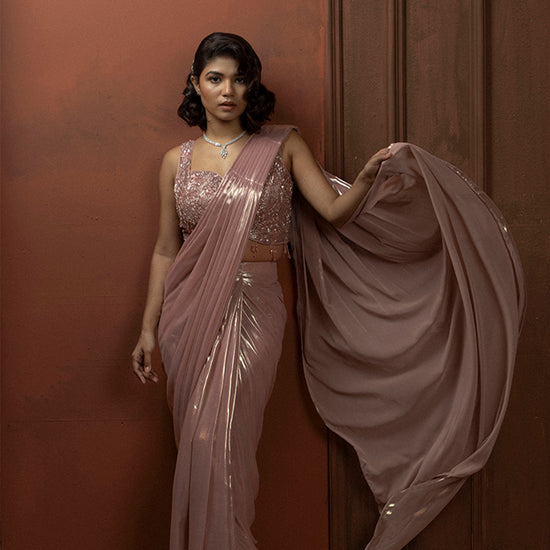 Helen Pink Saree With Designer Blouse - lycra Indian ethnic wear by Rangoli