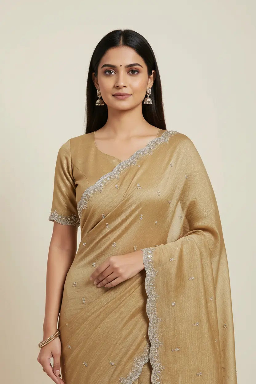 Woman wearing a beige saree with silver border on a plain background